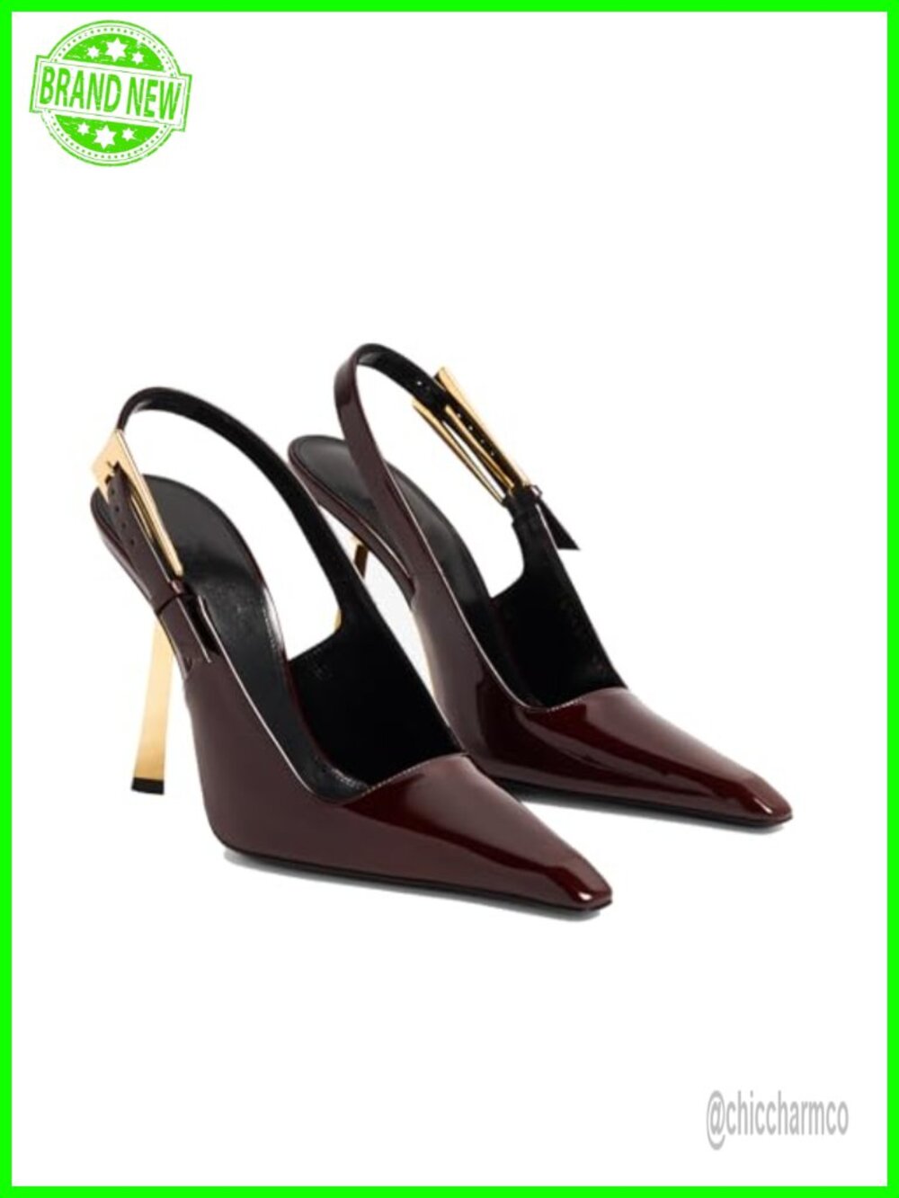 Slingback Stiletto High Heels Square Toe Metal Buckle Pumps Patent Leather